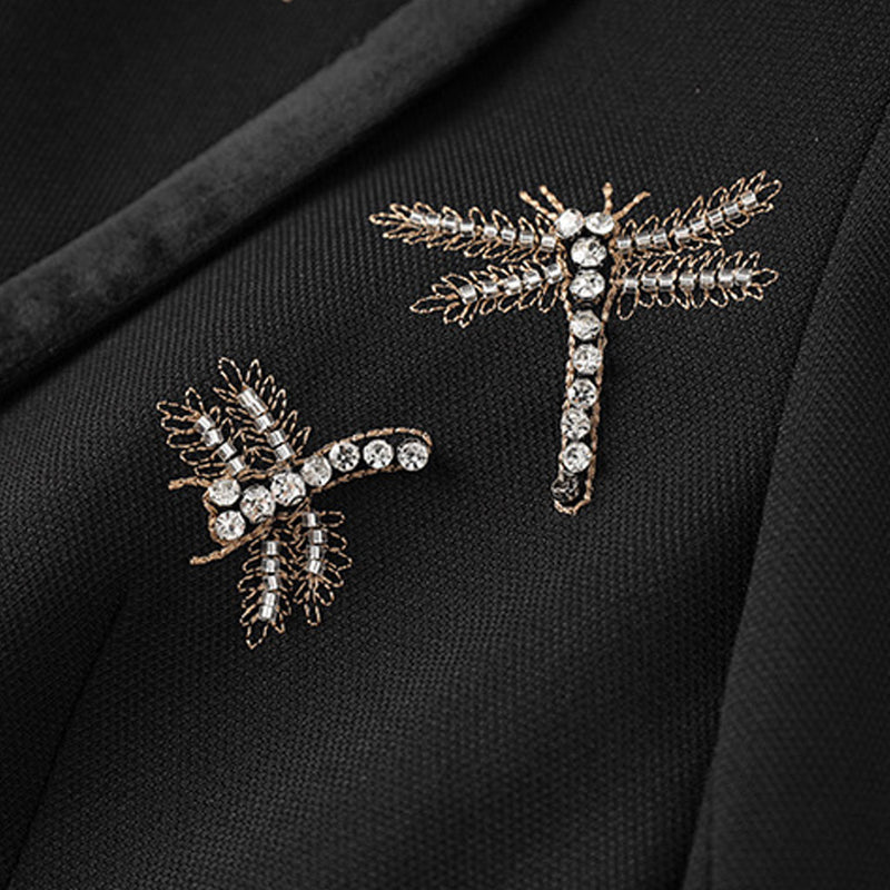 Sparkly Crystal Dragonfly Velvet Trim Lapel Double Breasted Tailored Blazer