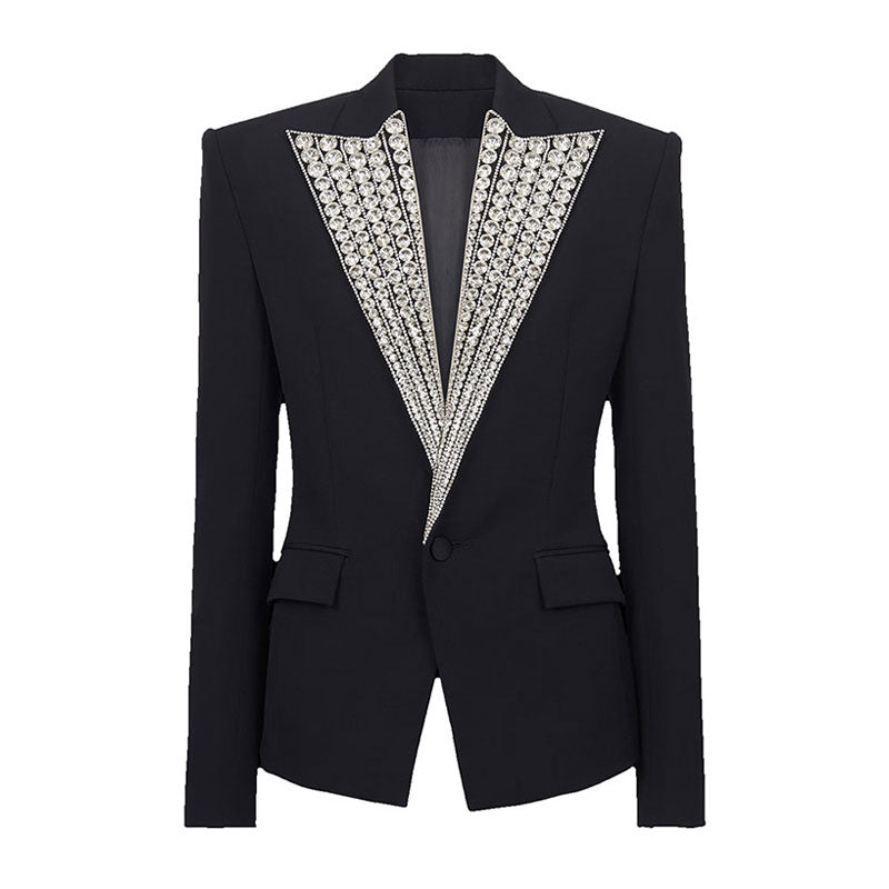 Sparkly Crystal Embellished Lapel Shoulder Pad Single Button Tailored Blazer