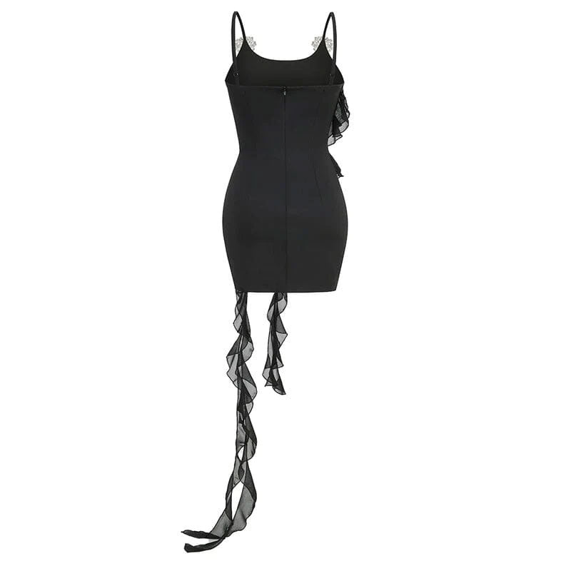 Sparkly Rhinestone Embellished Spaghetti Strap Bodycon Party Mini Dress - Black, L / Black