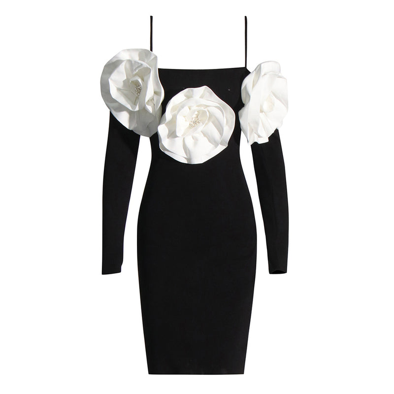 Sparkly Crystal Rosette Applique Cold Shoulder Bodycon Sweater Midi Dress