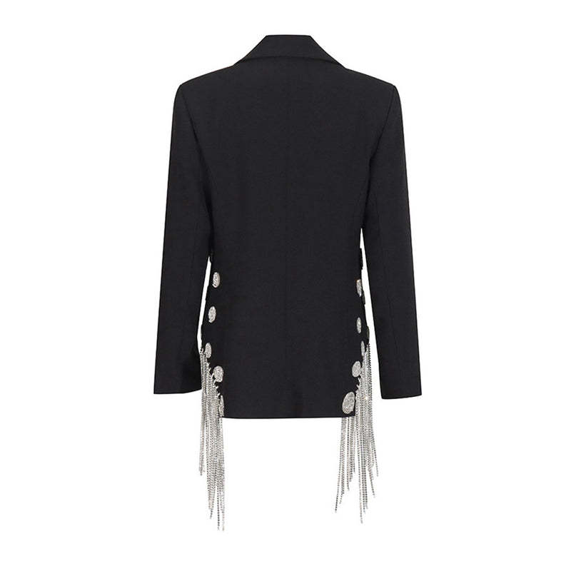 Sparkly Lapel Shoulder Pad Long Sleeve Spiral Rhinestone Fringe Blazer