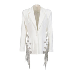 Sparkly Lapel Shoulder Pad Long Sleeve Spiral Rhinestone Fringe Blazer