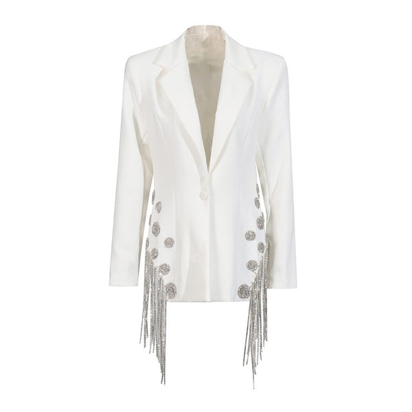 Sparkly Lapel Shoulder Pad Long Sleeve Spiral Rhinestone Fringe Blazer