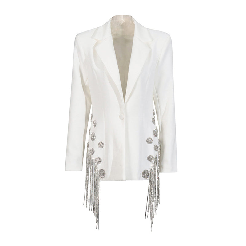 Sparkly Lapel Shoulder Pad Long Sleeve Spiral Rhinestone Fringe Blazer