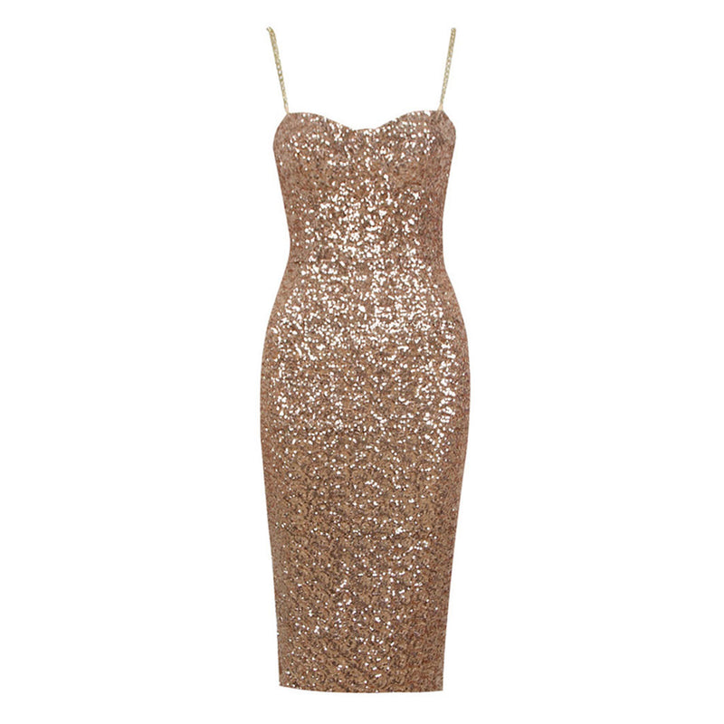 Sparkly Metallic Chain Strap Sweetheart Bustier Bodycon Sequin Midi Dress