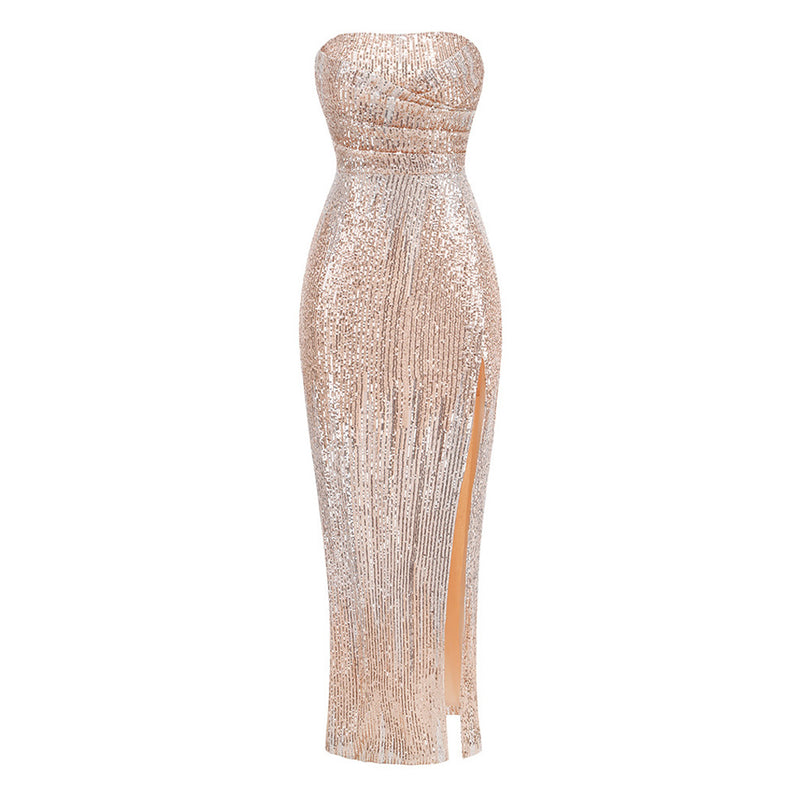 Sparkly Sequin Strapless Ruched Bodycon High Split Maxi Evening Dress