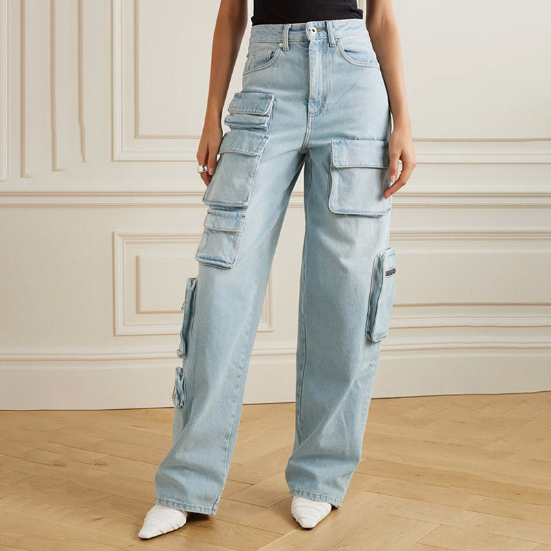 High Waist Casual Straight Jeans, Flap Pockets Street Style Cargo Pants,  Women's Denim Jeans & Clothing