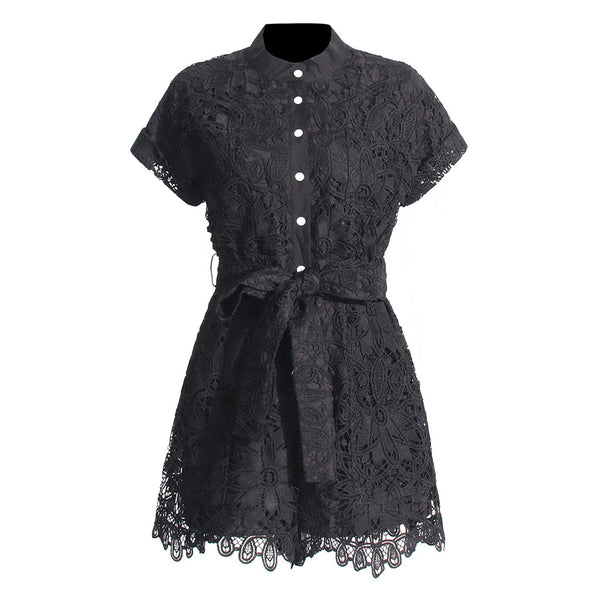 Summer Mock Neck Short Sleeve Button Up Belted Broderie Anglaise Romper