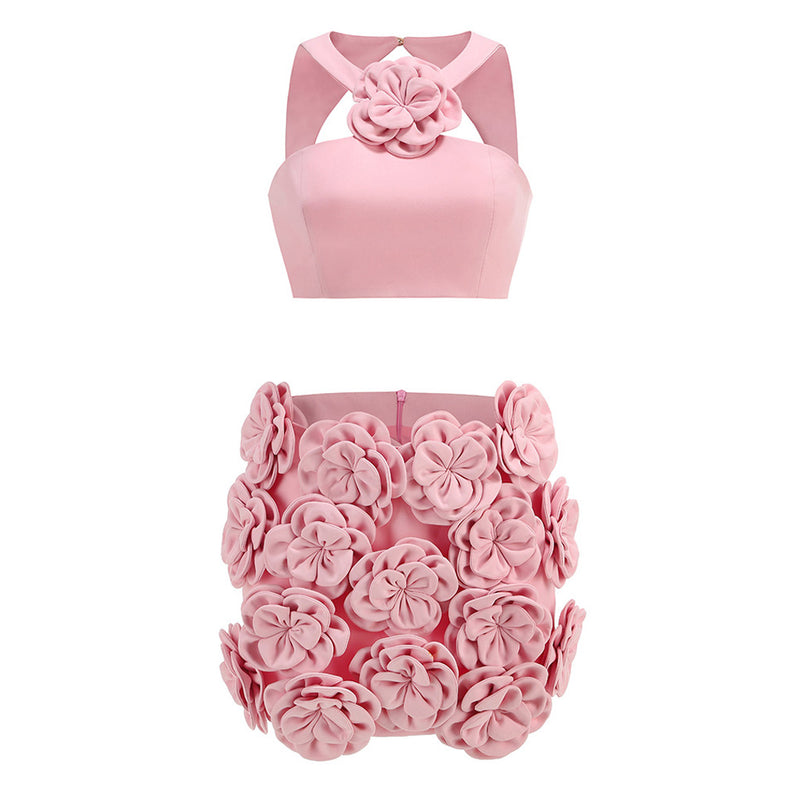 Sweet Rosette Smocked Cutout Crop Tank Top Fitted Mini Skirt Matching Set