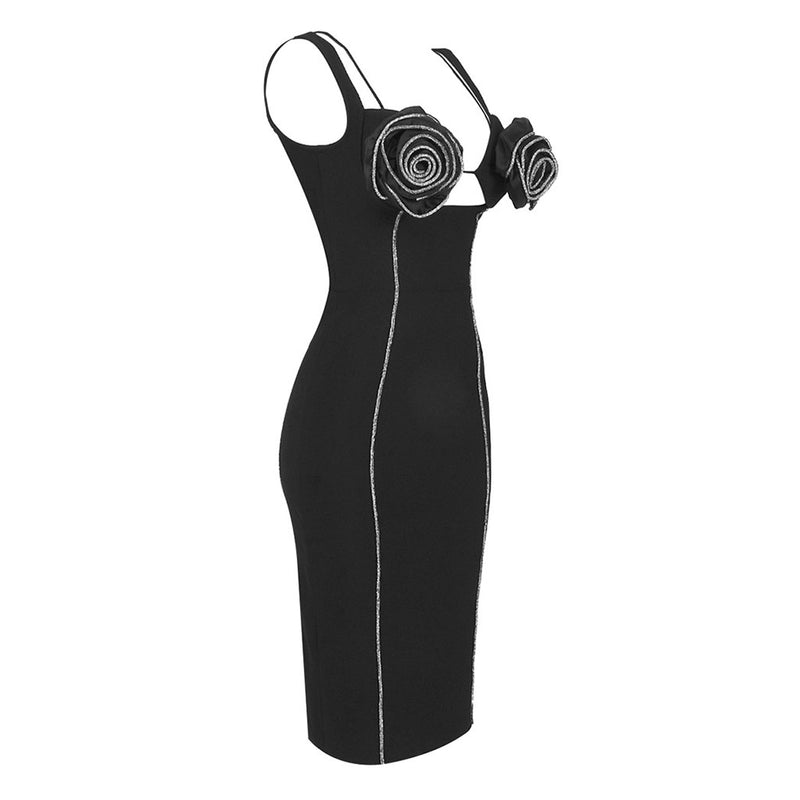 Swirling Rhinestone Rosette Cutout Sleeveless Bodycon Bandage Midi Dress