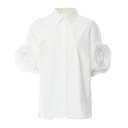Swirling Rosette Applique Short Sleeve Oversized Collared Button Up Shirt