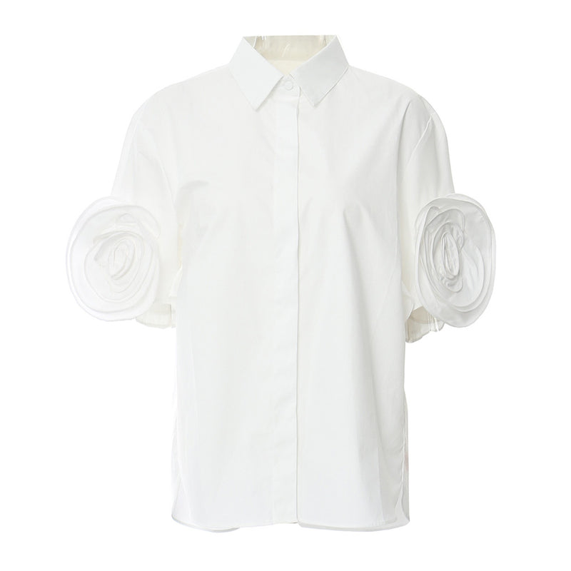Swirling Rosette Applique Short Sleeve Oversized Collared Button Up Shirt