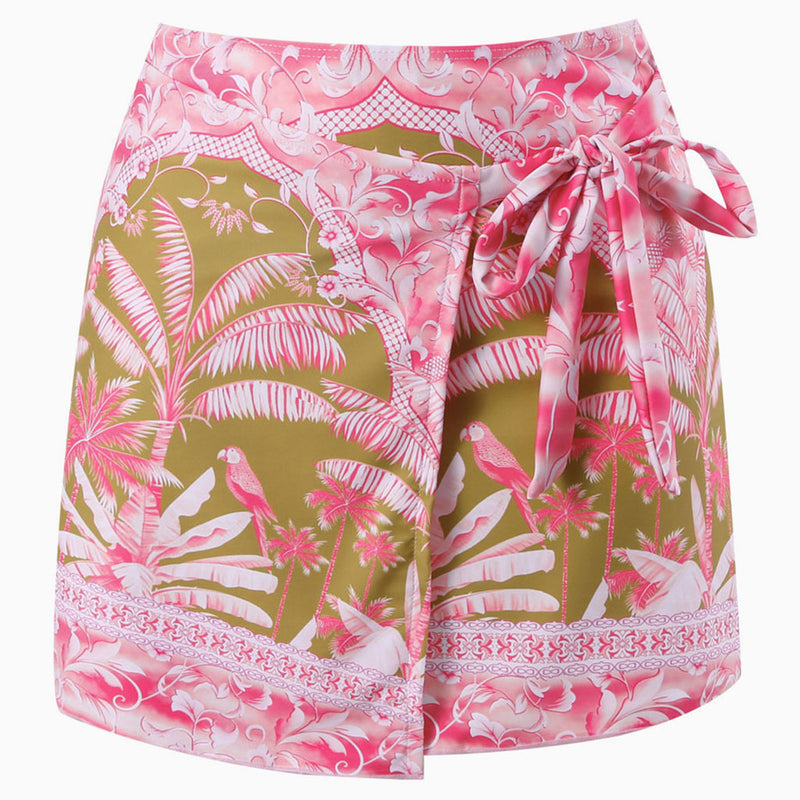 Tropical Palm Leaf Print High Waist Bow Tie Wrap Mini Sarong Cover Up