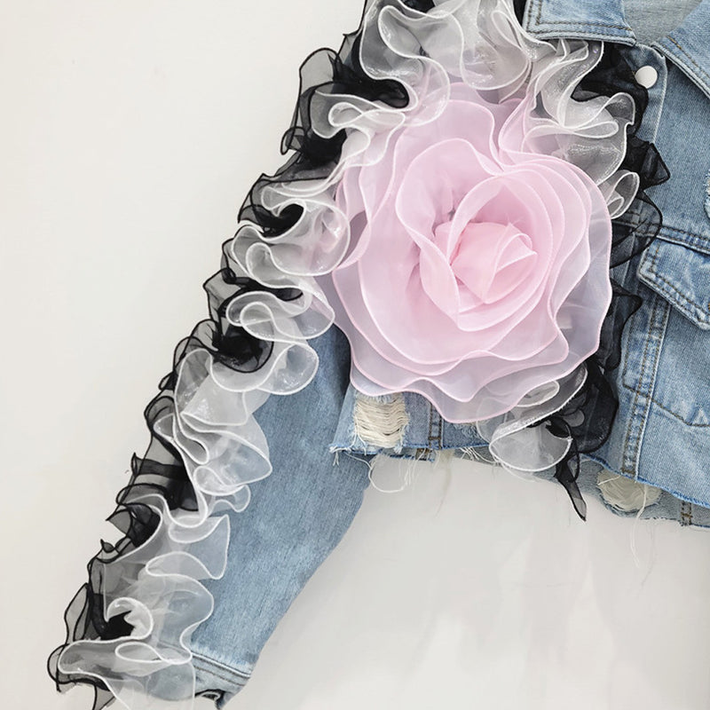 Unique Rosette Trim Long Sleeve Button Front Distressed Crop Denim Jacket