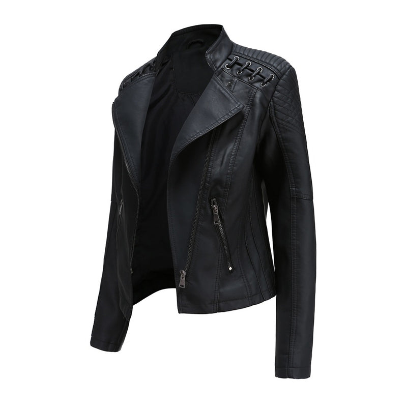 Unique Whipstitch Stand Collar Zip Up Tailored Vegan Leather Biker Jacket