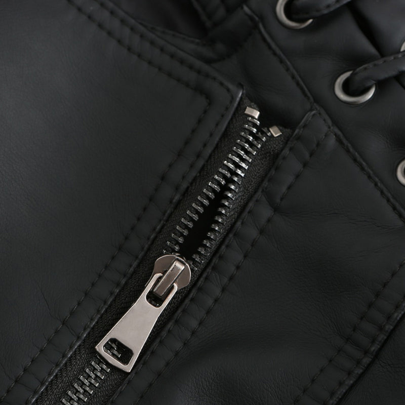 Unique Whipstitch Stand Collar Zip Up Tailored Vegan Leather Biker Jacket