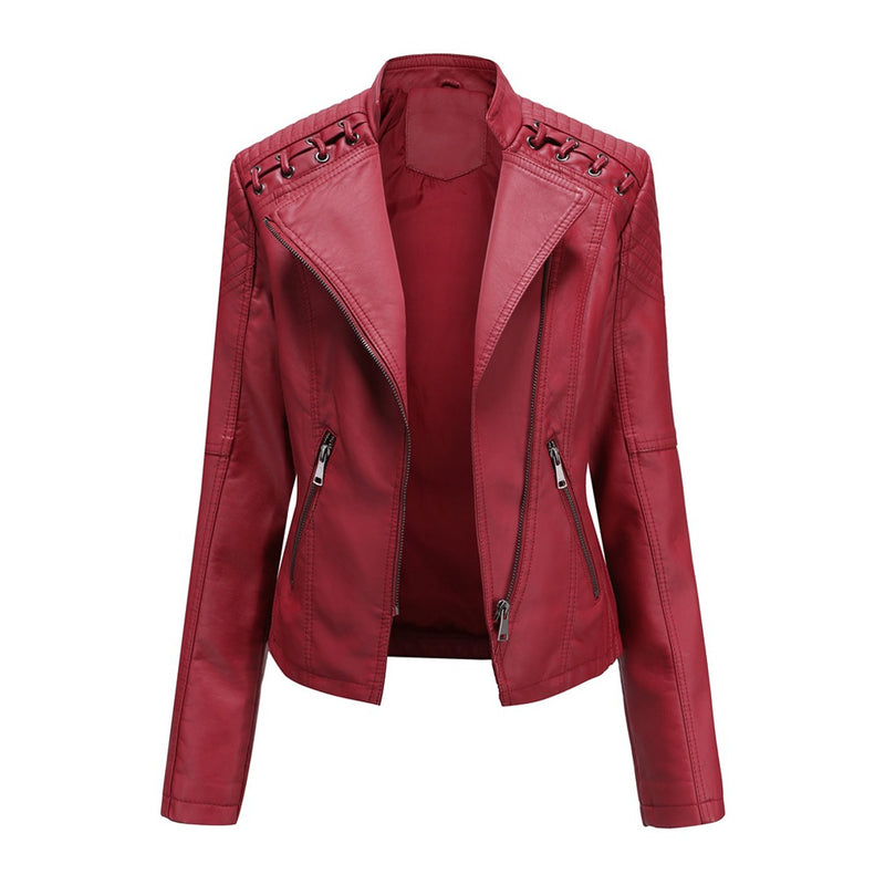 Unique Whipstitch Stand Collar Zip Up Tailored Vegan Leather Biker Jacket