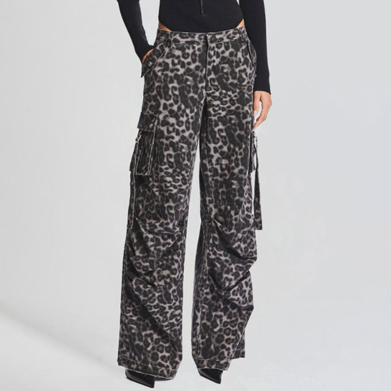 Untamed Leopard Print Folded Trim High Waist Wide Leg Draped Cargo Jeans