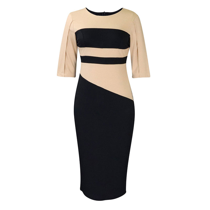 Versatile Crew Neck Half Sleeve Contrast Color Panel Bodycon Midi Dress