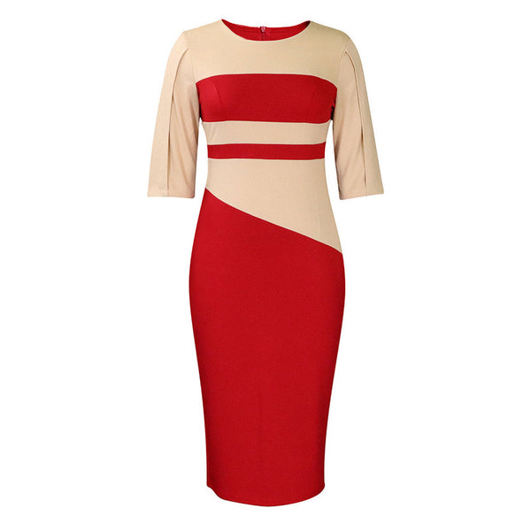 Versatile Crew Neck Half Sleeve Contrast Color Panel Bodycon Midi Dress