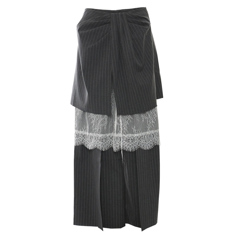 Versatile High Waist Lace Detail Skirt Overlay Pinstripe Pant Matching Set