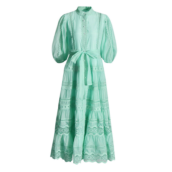 Victorian Mock Neck Blouson Sleeve Belted Guipure Lace Tiered Maxi Dress