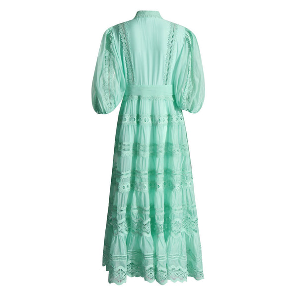 Victorian Mock Neck Blouson Sleeve Belted Guipure Lace Tiered Maxi Dress