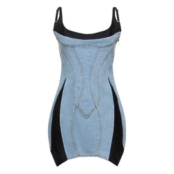 Vintage Bicolor Scoop Neck Pointed Bodycon Hybrid Denim Mini Sundress