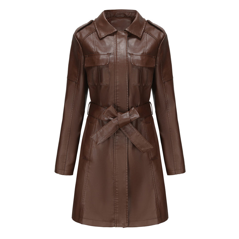 Vintage Collared Epaulette Long Sleeve Zip Up Belted Faux Leather Trench Coat