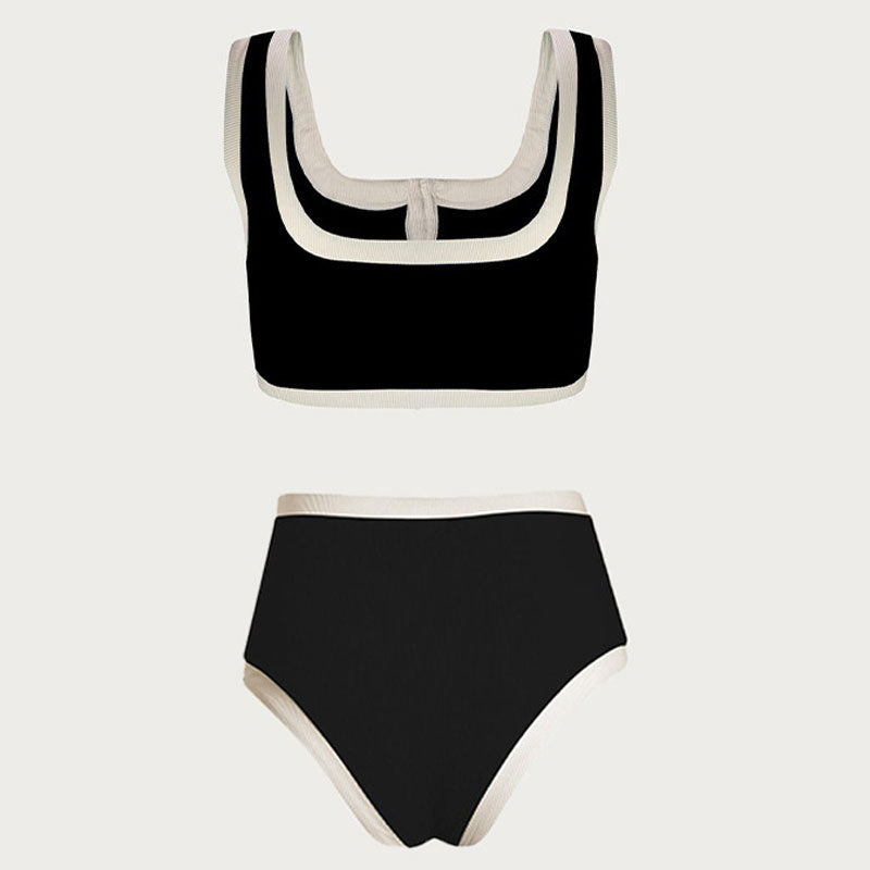 Vintage Color Block High Waist Moderate Button Trim Ribbed Crop Bikini Set