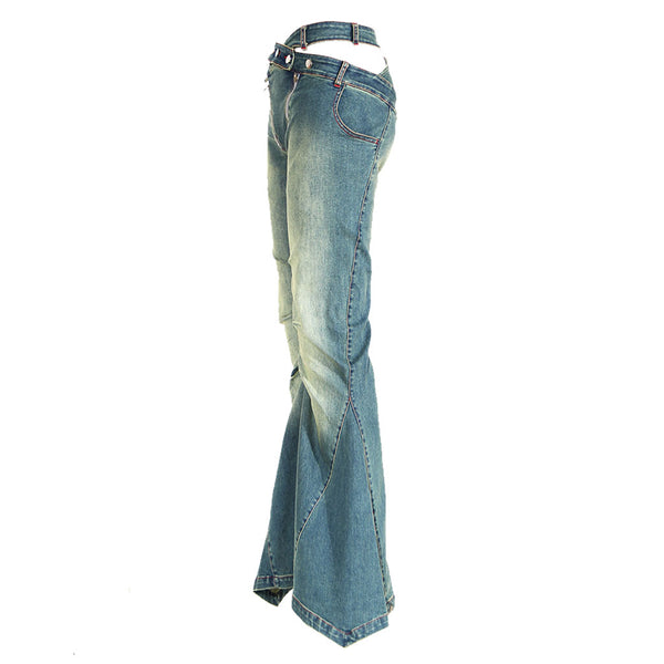 Vintage Crossover Belt Cutout High Waist Double Zip Ruched Flare Denim Jeans