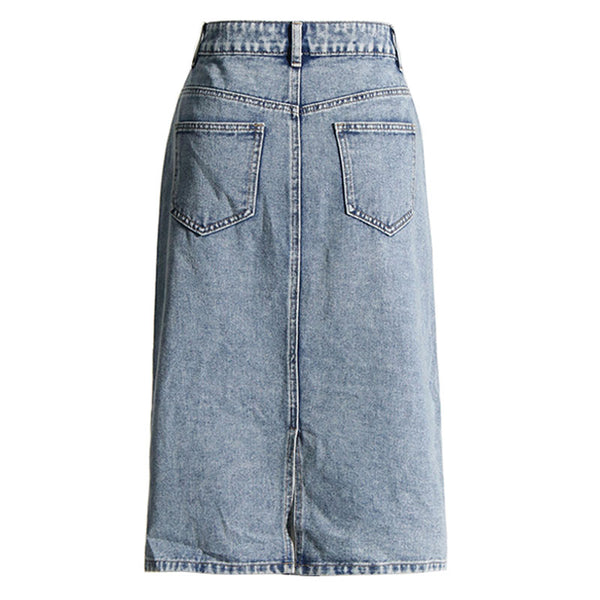 Vintage High Waist Two Tone Spiral Cutout Front Bodycon Midi Denim Skirt