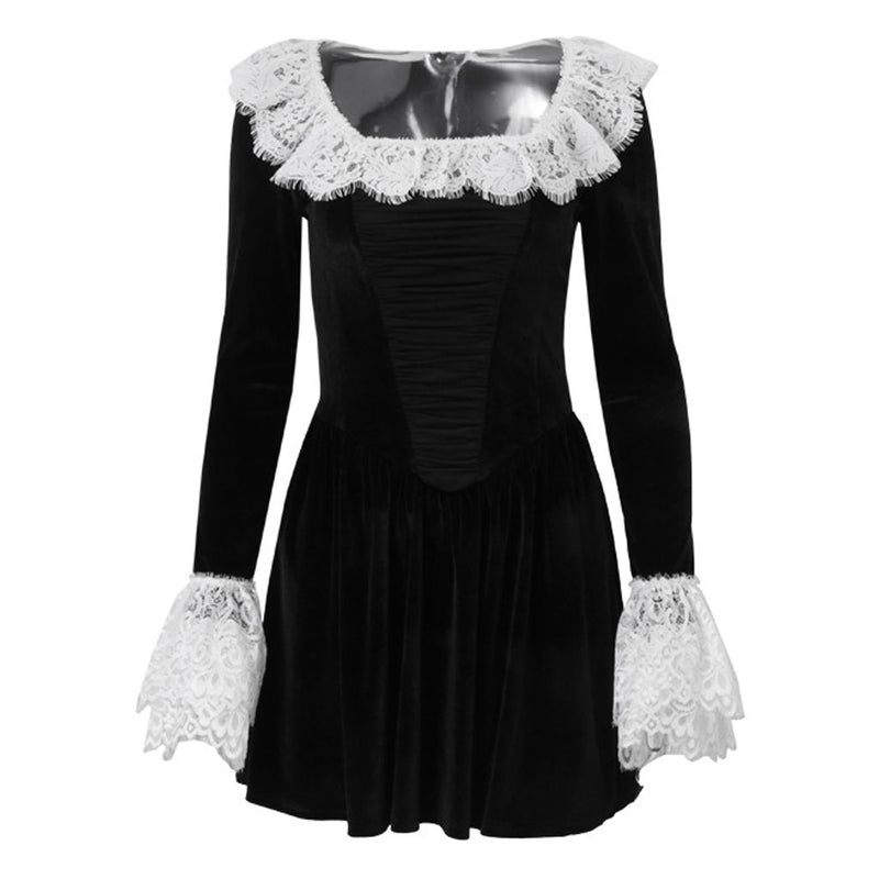 Vintage Lace Trim Scoop Neck Long Sleeve Velvet Skater Party Mini Dress