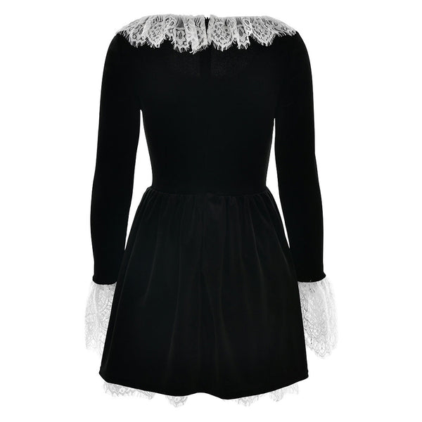 Vintage Lace Trim Scoop Neck Long Sleeve Velvet Skater Party Mini Dress