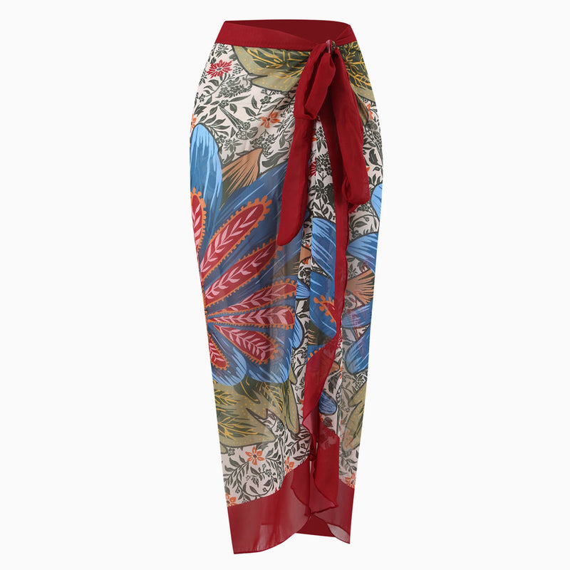 Vintage Printed High Waist Bow Tie Chiffon Maxi Wrap Sarong Cover Up