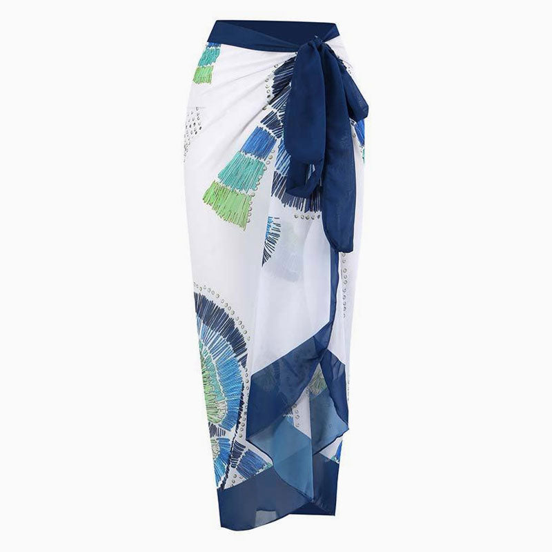 Vintage Printed High Waist Bow Tie Chiffon Maxi Wrap Sarong Cover Up