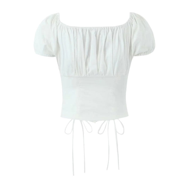 Vintage Ruched Square Neck Cap Sleeve Bow Tie Button Down Crop Top