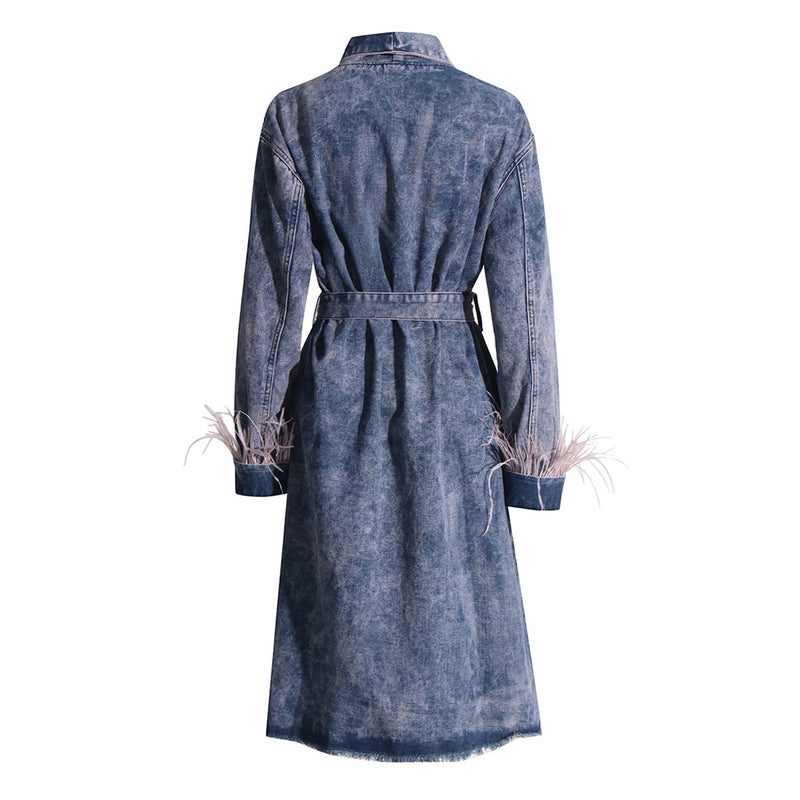 Vintage Shawl Collar Feather Long Sleeve Belted Acid Wash Denim Trench Coat