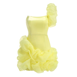 Voluminous Ruffle Organza One Shoulder Bodycon Satin Mini Party Dress