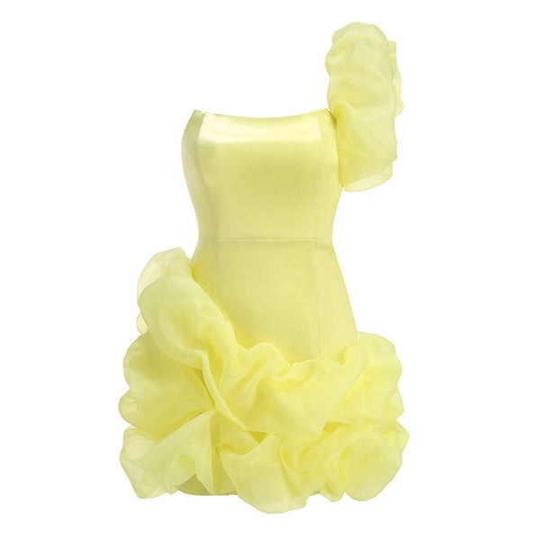 Voluminous Ruffle Organza One Shoulder Bodycon Satin Mini Party Dress