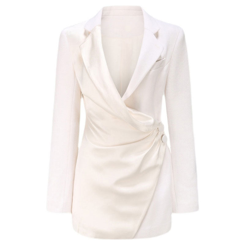 White Tailored Satin Lapel Blazer Dress