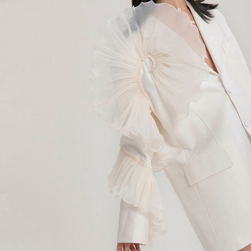 Asymmetric Ruffle Trim Lapel Collar Single Breasted Oversized Blazer - White