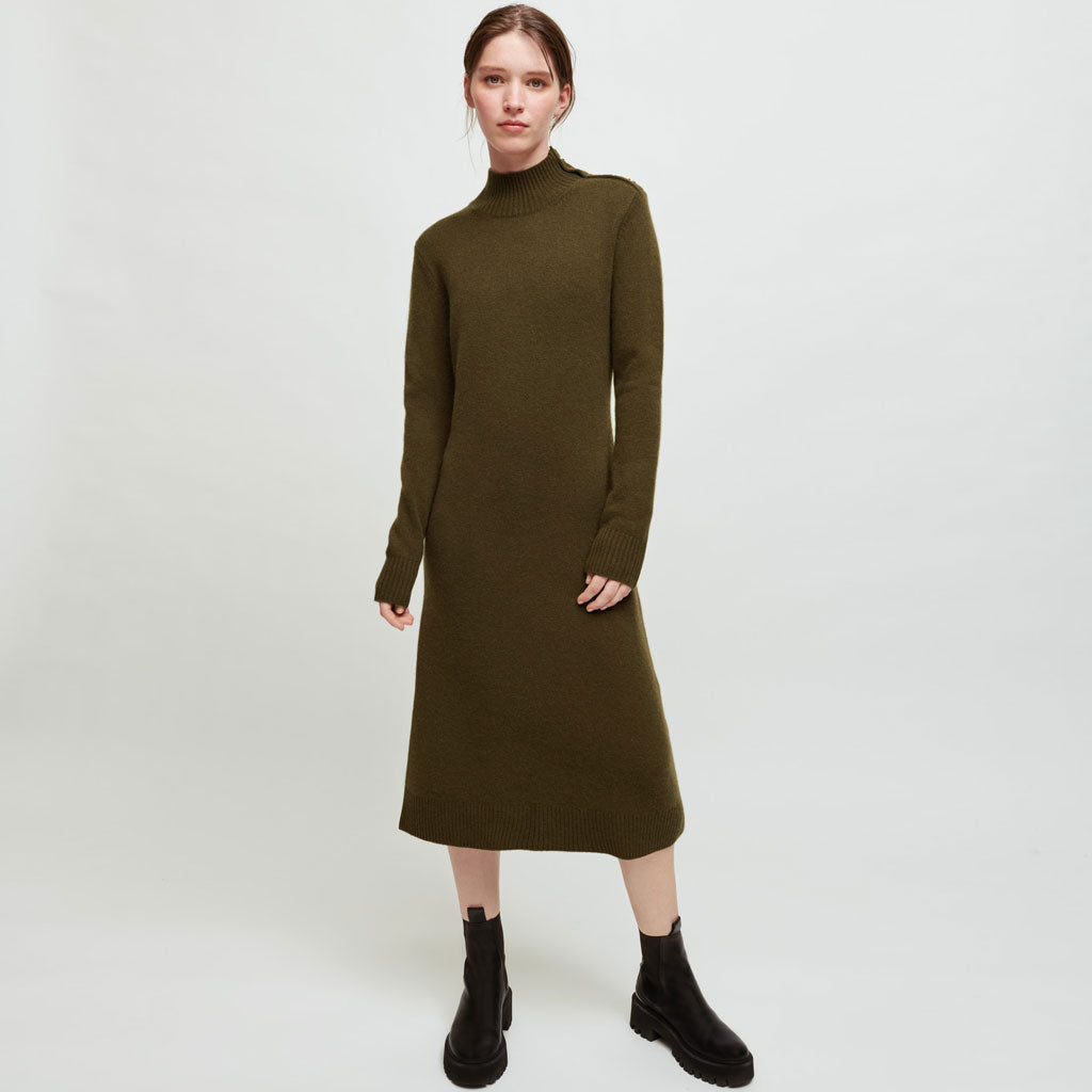 Chic Long Sleeve Button Trim High Neck Midi Sweater Dress - Army