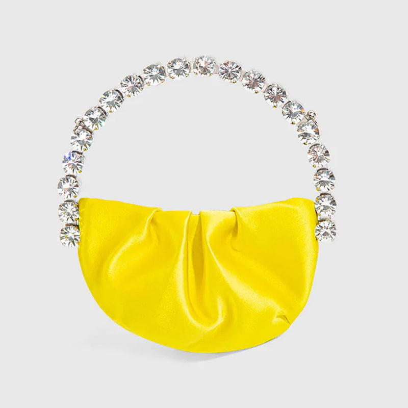 Chic Rhinestone Embellished Gathered Leather Semicircular Mini Clutch - Yellow