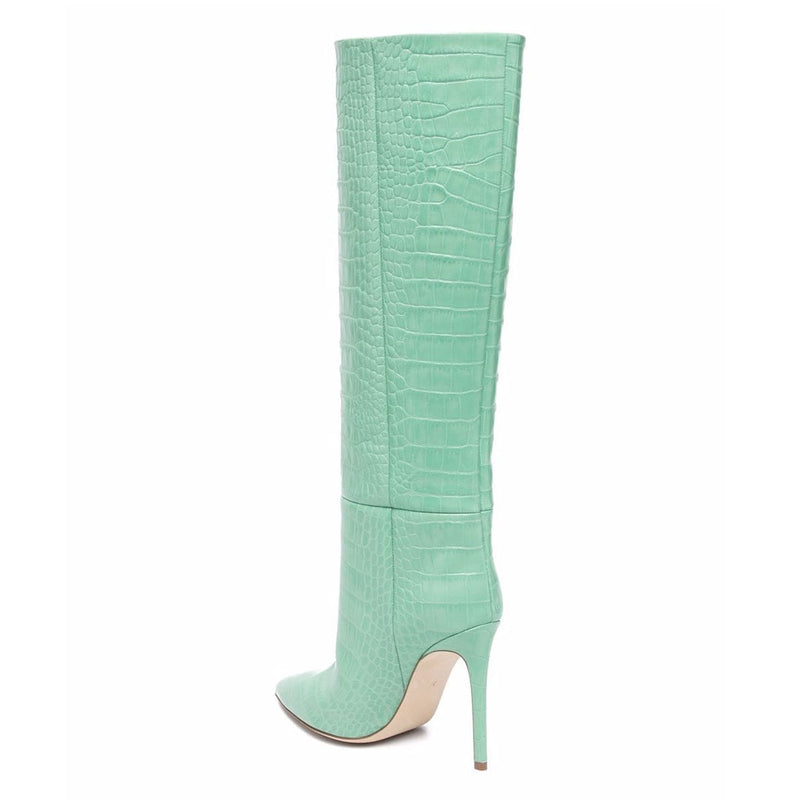 Classy Crocodile Effect Pointed Toe Knee High Stiletto Boots - Wasabi Green