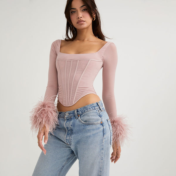 Women Square Neck Hook And Eye Rib Corset Long Sleeve Top - T