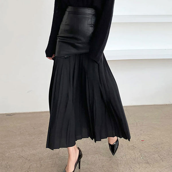 Deconstructed High Rise Vegan Leather Layered Midi Pleated Skirt ...