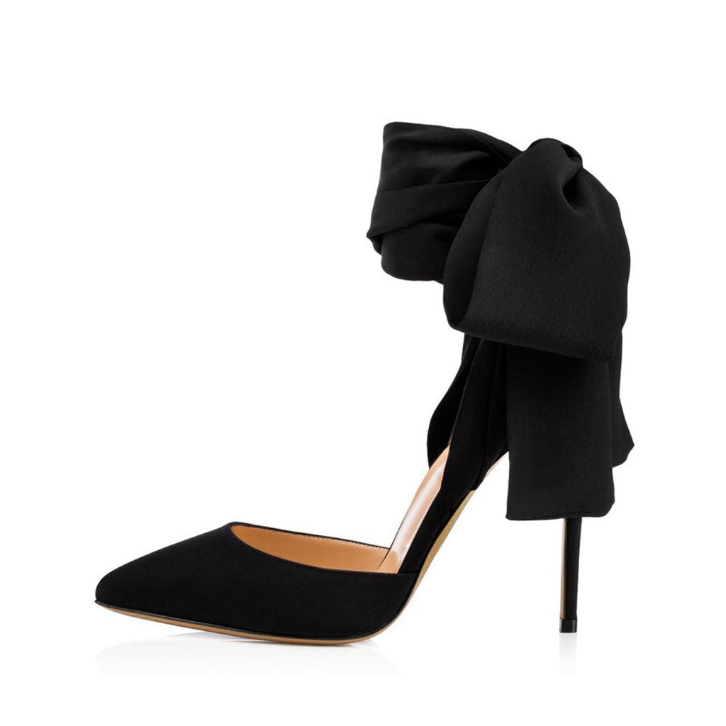 Dramatic Ankle Bow Tie Pointed Toe Stiletto Satin Pumps - Black – Luxedress