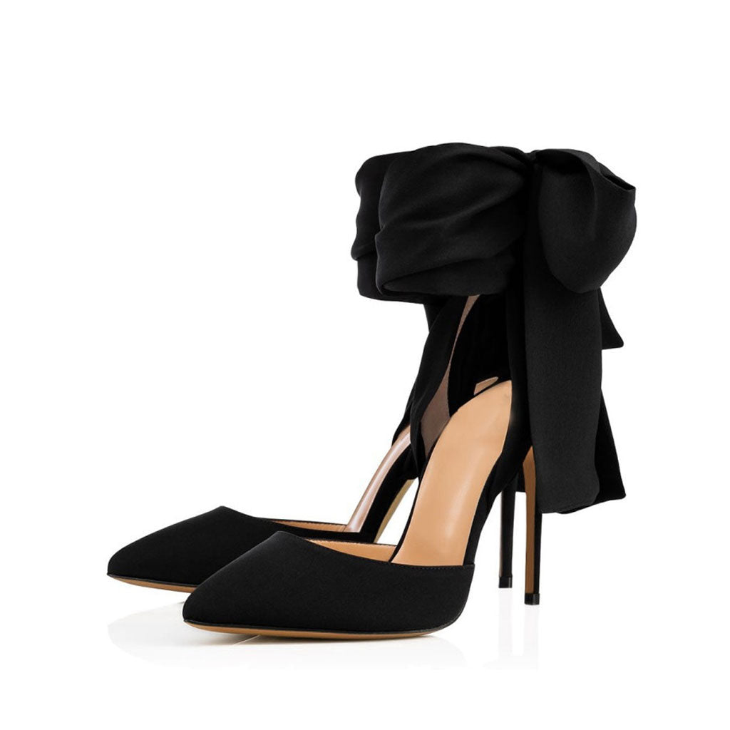 Dramatic Ankle Bow Tie Pointed Toe Stiletto Satin Pumps - Black – Luxedress