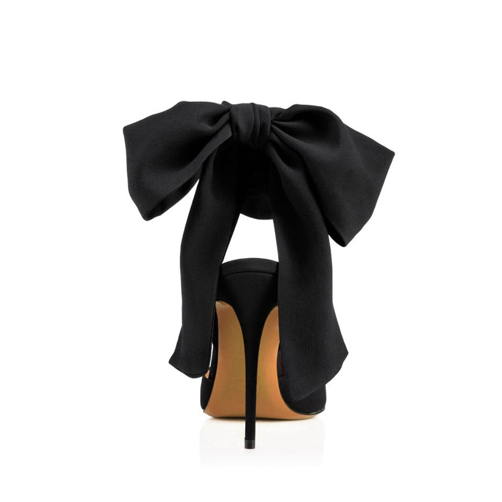 Dramatic Ankle Bow Tie Pointed Toe Stiletto Satin Pumps - Black – Luxedress